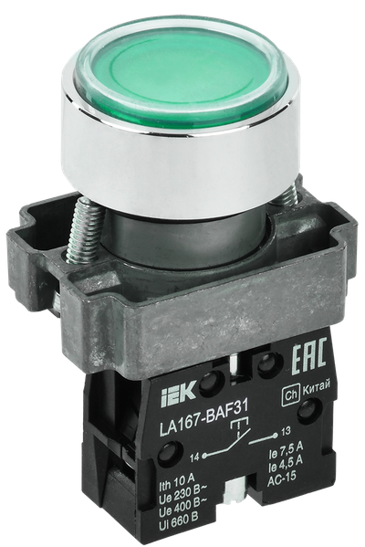 Кнопка управления LA167-BAF31 d=22мм 1з зеленая IEK