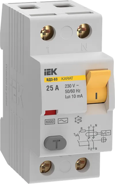 Выключатель дифференциальный (УЗО) KARAT ВД3-63 2P 25А 10мА 6кА тип AC IEK
