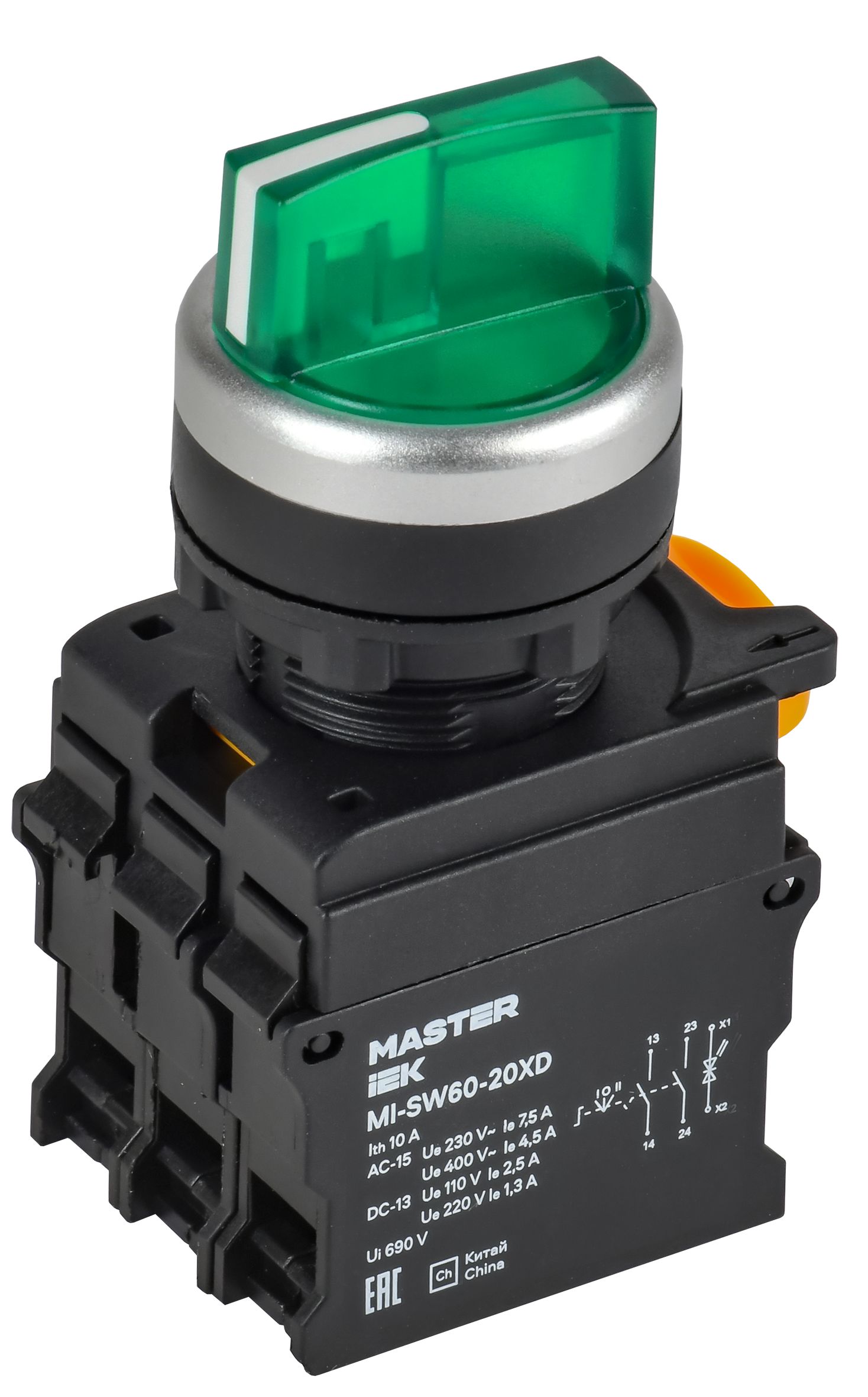 Переключатель с подсветкой на 3 положения 2NO зеленый MASTER IEK (MI-SW60-20XD-4-14-3-K06)