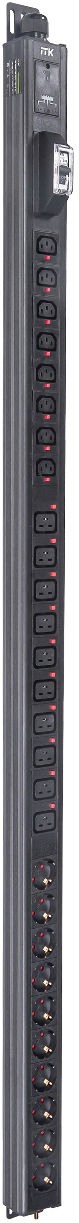 ITK BASE PDU вертикальный PV1102 33U 1 фаза 32А 10 розеток SCHUKO (немецкий стандарт) + 8 розеток C13 + 10 розеток C19 без кабеля с клеммной колодкой