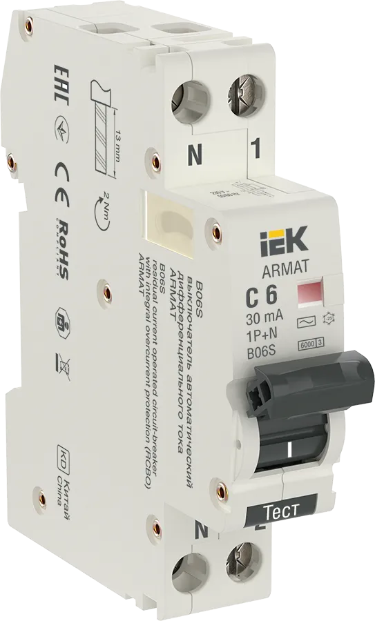 ARMAT Автоматический выключатель дифференциального тока B06S 1P+NP C6 30мА тип AC (18мм) IEK