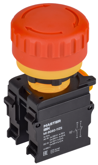 Кнопка "Грибок" поворотная с фиксацией 1NO+1NC красная MASTER IEK