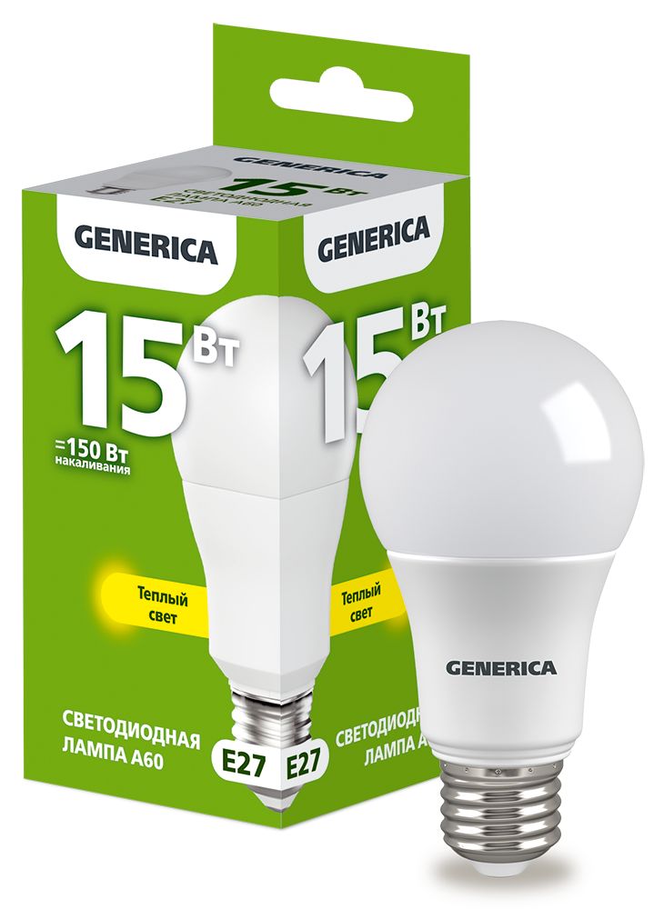 Лампа светодиодная A60 груша 15Вт 230В 3000К E27 GENERICA (LL-A60-15-230-30-E27-G)