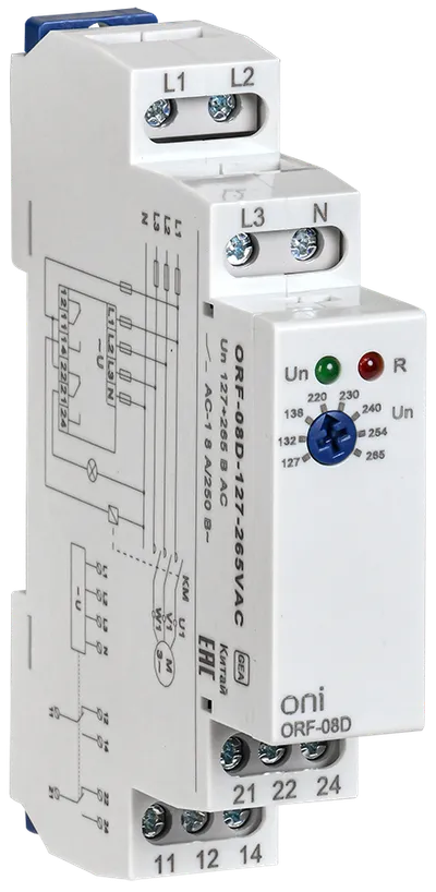 Реле контроля фаз ORF-08D 3 фазы 2 контакта 127-265В AC с контролем нейтрали ONI