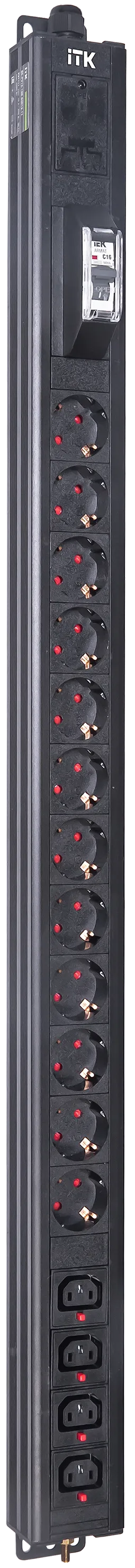 Вертикальный комбинированный блок распределения питания PDU ITK включает в себя розетки двух типов: 12 розеток Schuko и 4 розетки C13 – что позволяет подключать с их помощью различное оборудование. PDU ITK изготавливается из высококачественных термостойких материалов и пластмасс, оснащается 2,6 метровым кабелем электропитания с вилкой Schuko. PDU ITK прекрасно справляется с задачей по электроснабжению сетевого оборудования в шкафах и стойках, а также с требованием защиты от токов короткого замыкания и перенапряжения. PDU ITK соответствует российским и международным стандартам качества и устанавливается с помощью кронштейнов, при этом положение кронштейнов можно менять, либо безынструментальным методом при помощи монтажных штифтов.