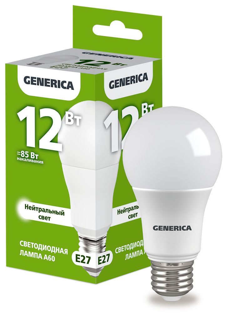 Лампа светодиодная A60 груша 12Вт 230В 4000К E27 GENERICA (LL-A60-12-230-40-E27-G)