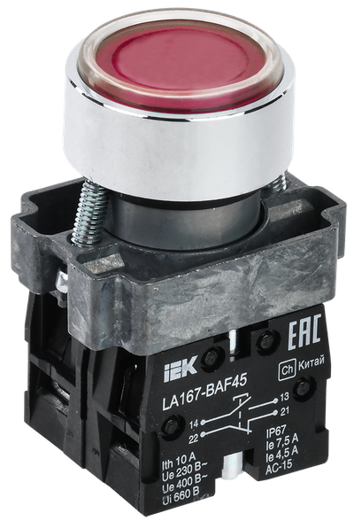 Кнопка управления LA167-BAF45 d=22мм 1NO+1NC красная IEK