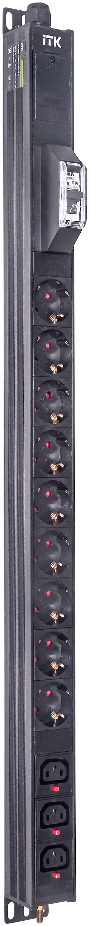 ITK BASE PDU вертикальный PV1111 18U 1 фаза 16А 9 розеток SCHUKO (немецкий стандарт) + 3 розетки C13 кабель 2,6м вилка SCHUKO (немецкий стандарт)