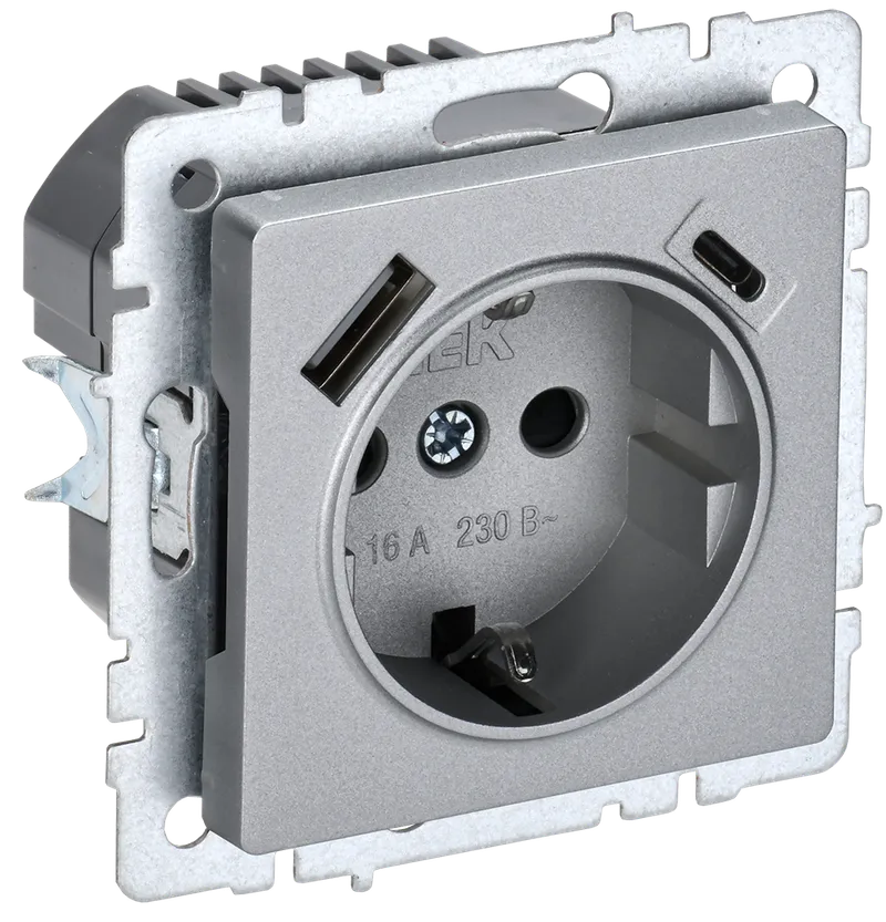 BRITE Socket outlet 1-gang grounded with protective shutters 16A with USB A+C 18W RUSH11-1-BRA aluminum IEK