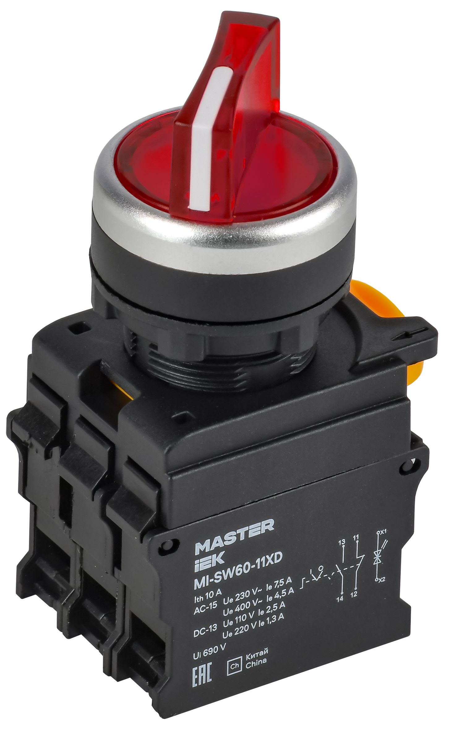 Переключатель с подсветкой на 2 положения 1NO+1NC красный MASTER IEK (MI-SW60-11XD-3-14-2-K04)