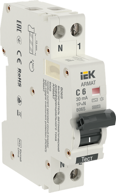 ARMAT Автоматический выключатель дифференциального тока B06S 1P+NP C6 30мА тип AC (18мм) IEK