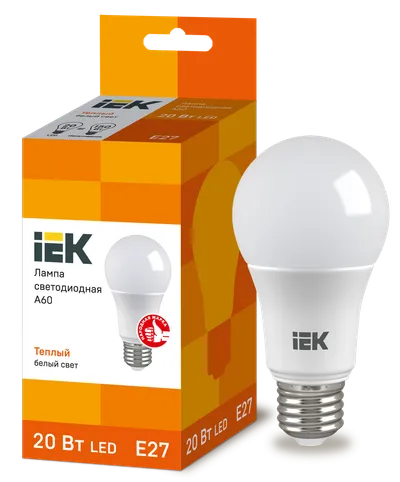 LED lamp A60 ball 20W 230V 3000K E27 IEK is intended for use in lighting devices for external and internal lighting of industrial, commercial and domestic facilities.

Complies with the requirements of the Technical Regulations of the Customs Union TR TS 004/2011, TR TS 020/2011, IEC 62560, Decree of the Government of the Russian Federation of November 10, 2017 No. 1356.