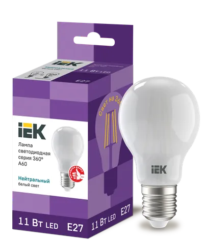 LED lamp A60 mat ball. 11W 230V 4000K E27 series 360° IEK with filament LED (filament filament) is one of the most efficient light sources.
The main difference from conventional LED lamps is the light dispersion angle of up to 360° (additional comfort for the eyes). The lamp is used in household lighting devices. Presented in 3 versions: with transparent, gilded and matte flasks.
Complies with the requirements of the Technical Regulations of the Customs Union TR TS 004/2011, TR TS 020/2011, IEC 62560 and Decree of the Government of the Russian Federation dated November 10, 2017 No. 1356.