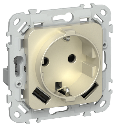 FLITE Розетка 1-местная с заземлением с защитными шторками 16А с USB A+A 3,1А безвинтовое крепление РСЮша11-1-ФлШ шампань IEK