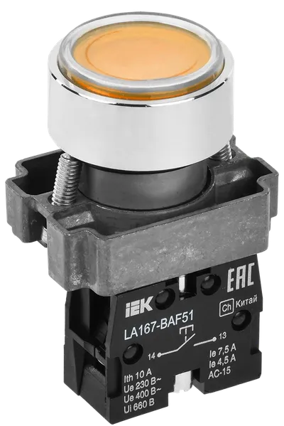 Кнопка управления LA167-BAF51 d=22мм 1з желтая IEK