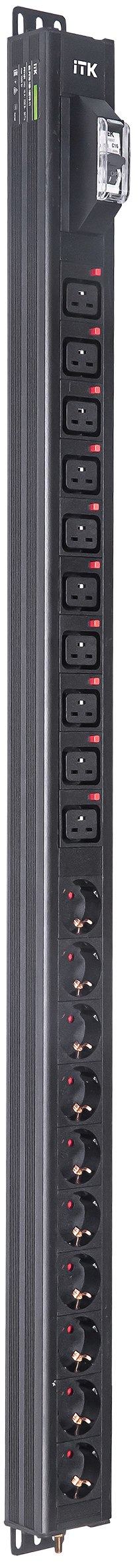 ITK BASE PDU вертикальный PV1101 24U 1 фаза 16А 10 розеток SCHUKO (немецкий стандарт) + 10 розеток C19 без кабеля с входным разъемом C20
