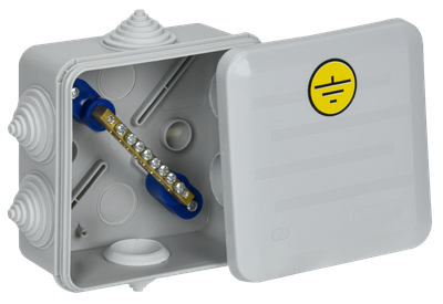 Коробка уравнивания потенциалов КУП КМ41361 с защелкивающейся крышкой безгалогенная (HF) 100х100х50мм IP44 6 гермовводов (RAL 7035) IEK