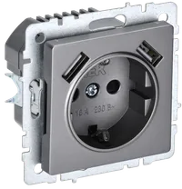 BRITE Socket outlet 1-gang with earthing with protective shutters 16A with USB A+A 5V 2.1A RUSh10-1-BrS steel IEK