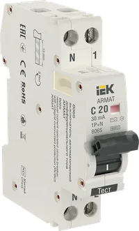ARMAT Автоматический выключатель дифференциального тока B06S 1P+NP C20 30мА тип AC (18мм) IEK