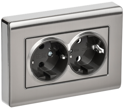 BRITE Розетка 2-местная с заземлением без защитных шторок плоская 16А в сборе РСПл12-3-БрГН металл хром/никель IEK