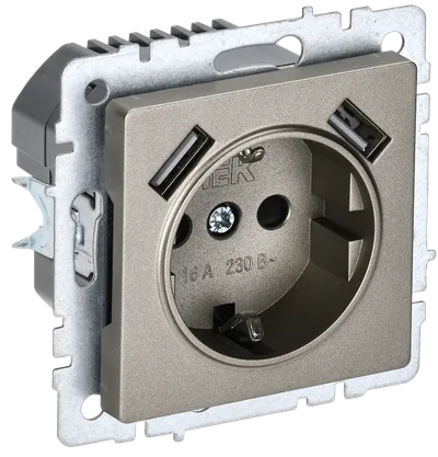 BRITE Socket outlet 1gang grounded with protective shutters 16A with USB A+A 5V 3.1A RUSH10-2-BRSH champagne IEK