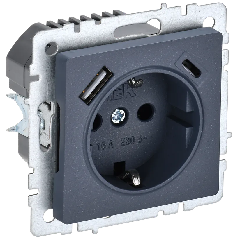 BRITE Socket outlet 1-gang with earthing with protective shutters 16A with USB A+C 18W RUSh11-1-BrM marengo IEK