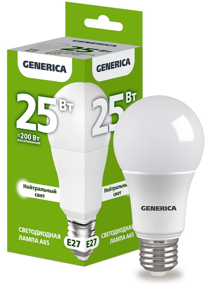Лампа светодиодная A65 груша 25Вт 230В 4000К E27 GENERICA (LL-A65-25-230-40-E27-G)