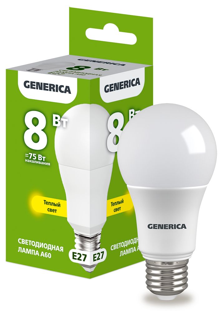 Лампа светодиодная A60 груша 8Вт 230В 3000К E27 GENERICA (LL-A60-08-230-30-E27-G)