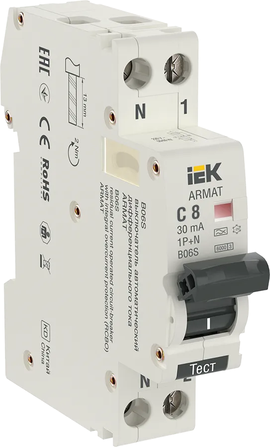 ARMAT Автоматический выключатель дифференциального тока B06S 1P+NP C8 30мА тип A (18мм) IEK