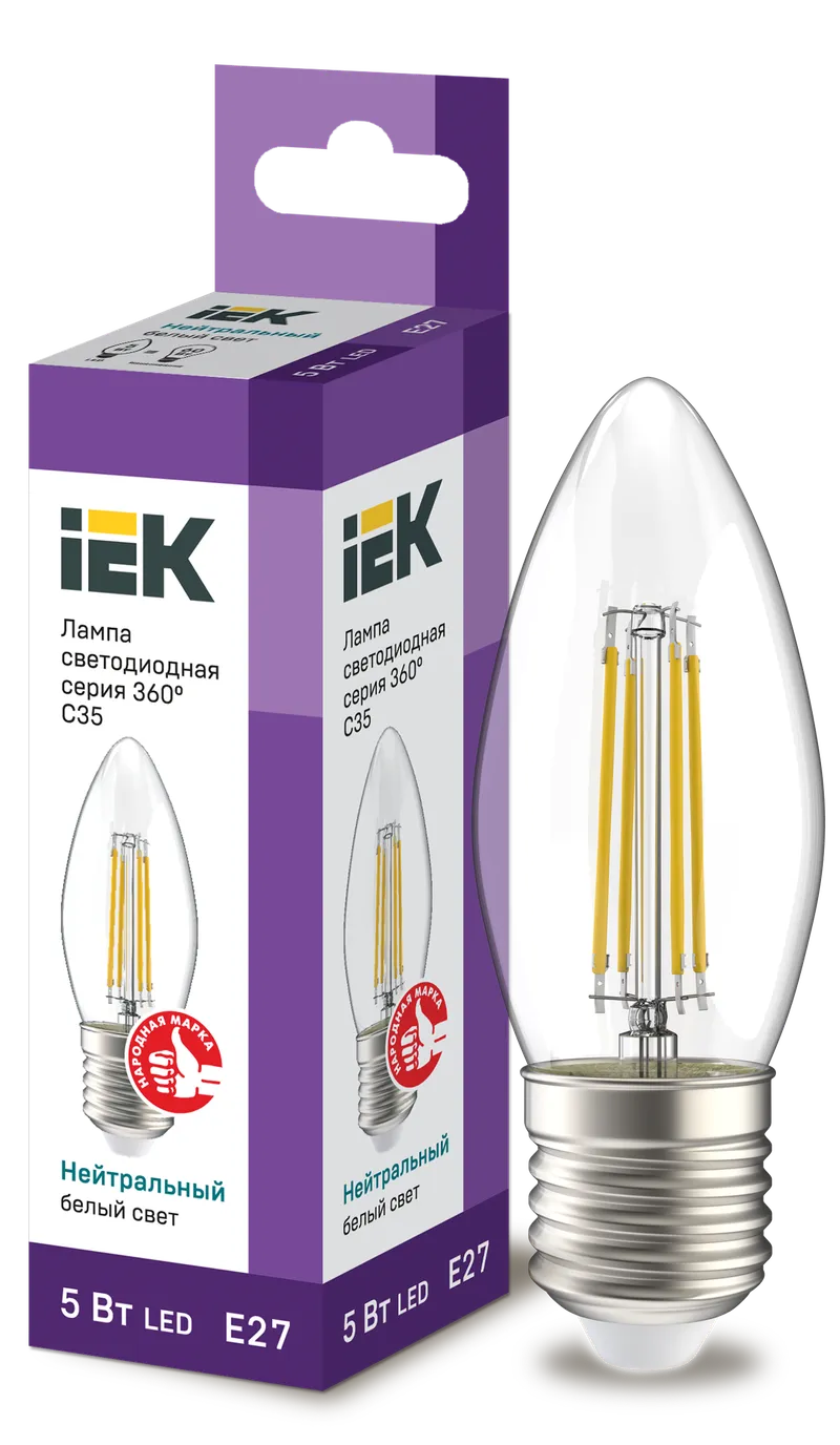 LED lamp C35 candle clear 5W 230V 4000k E27 series 360° IEK