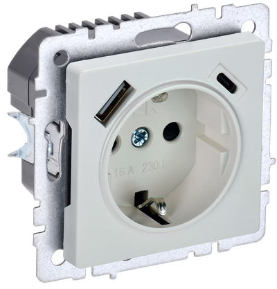 BRITE Розетка 1-местная с заземлением с защитными шторками 16А с USB A+C 18Вт РЮш11-1-БрЖ жемчуг IEK