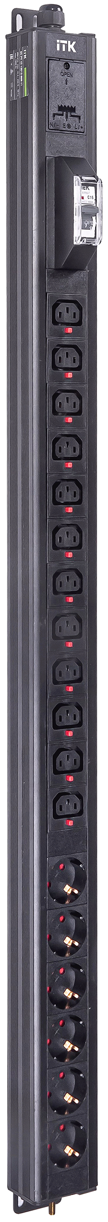 ITK BASE PDU вертикальный PV1111 23U 1 фаза 16А 6 розеток SCHUKO (немецкий стандарт) + 12 розеток C13 с клеммной колодкой и кабелем 3м вилка IEC60309 (промышленная)