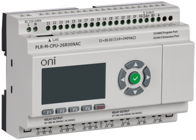 ONI Micro PLC. Expandable version. With built-in screen. 16 digital inputs (230V AC), 10 relay outputs. RS485. ethernet. Supply voltage 110-230V AC