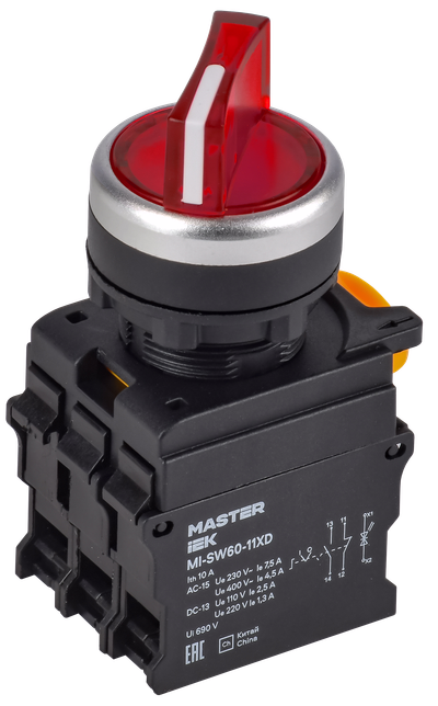 Переключатель с подсветкой на 2 положения 1NO+1NC красный MASTER IEK