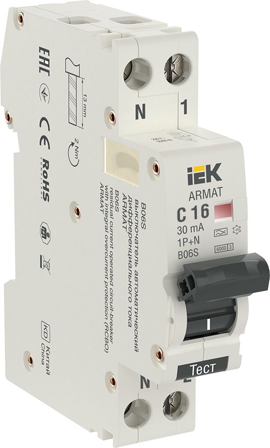 ARMAT Автоматический выключатель дифференциального тока B06S 1P+NP C16 30мА тип A (18мм) IEK (AR-B06S-1N-C16A030)