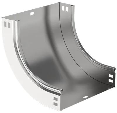 Vertical 90° internal smooth bend is designed to organize a vertical internal turn of the cable route by 90°. Accessory cover not included.
The accessory is made of hot-dip galvanized steel by the Sendzimir method (zinc protective layer of at least 10 microns).