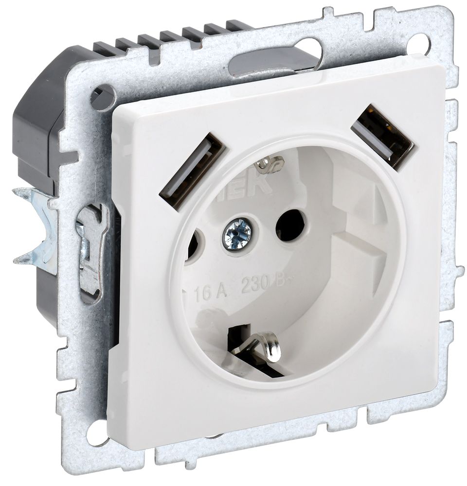 BRITE Розетка 1-местная с заземлением с защитными шторками 16А с USB A+A 5В 2,1А РЮш10-1-БрБ белый IEK (BR-R14-16-U21-D21-K01)
