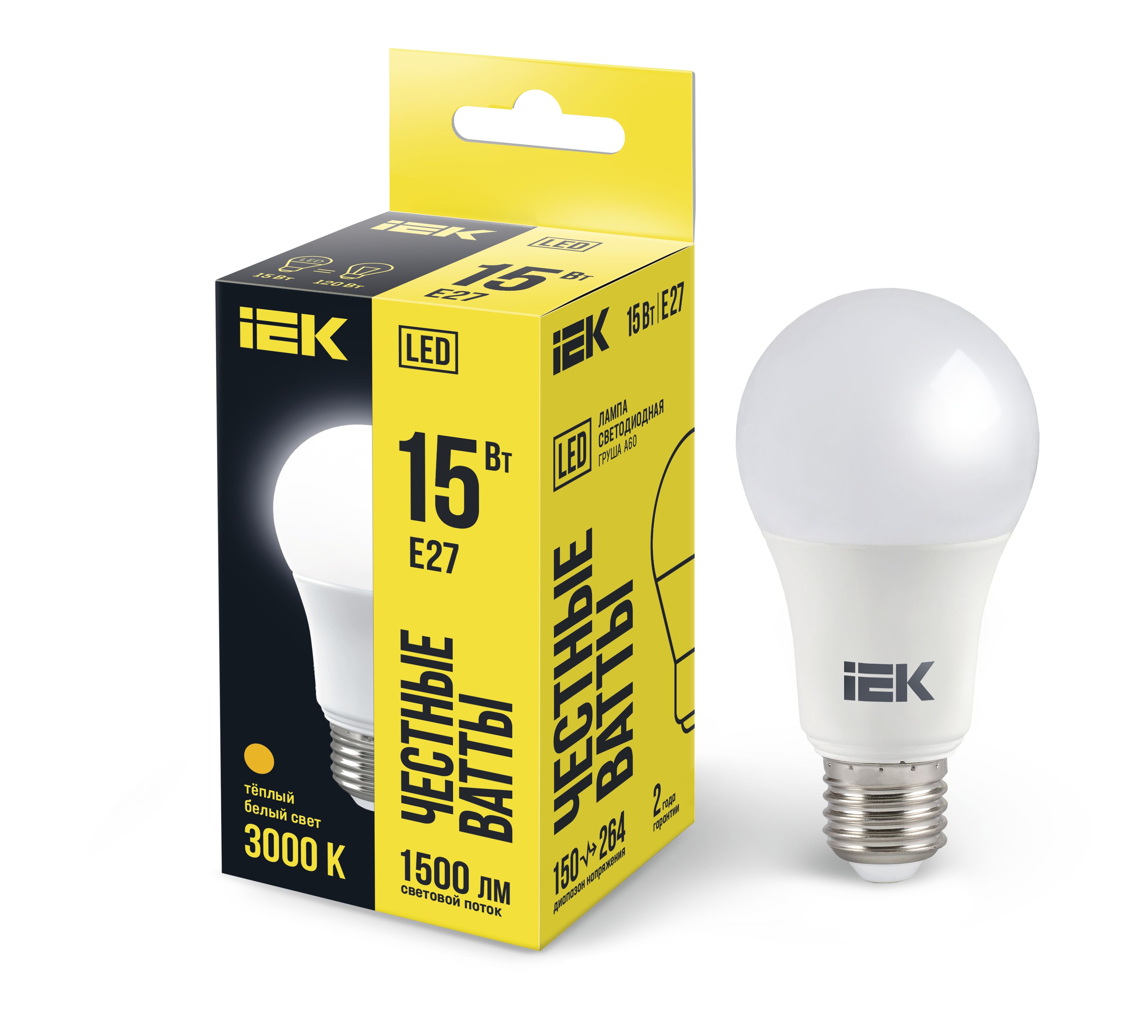 Лампа светодиодная A60 груша 15Вт 230В 3000К E27 IEK (LLE-A60-15-230-30-E27)