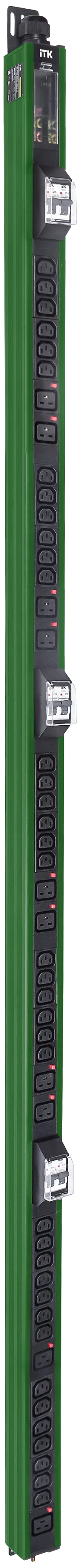 Вертикальный комбинированный блок распределения питания PDU ITK в зеленом корпусе включает в себя розетки двух типов: 38 розеток C13 и 10 розеток C19 – что позволяет подключать с их помощью различное оборудование. PDU ITK изготавливается из высококачественных термостойких материалов и пластмасс, оснащается 6 метровым кабелем электропитания с вилкой промышленного назначения IEC60309. PDU ITK прекрасно справляется с задачей по электроснабжению сетевого оборудования в шкафах и стойках, а также с требованием защиты от токов короткого замыкания и перенапряжения. PDU ITK соответствует российским и международным стандартам качества и устанавливается с помощью кронштейнов, при этом положение кронштейнов можно менять, либо безынструментальным методом при помощи монтажных штифтов. 