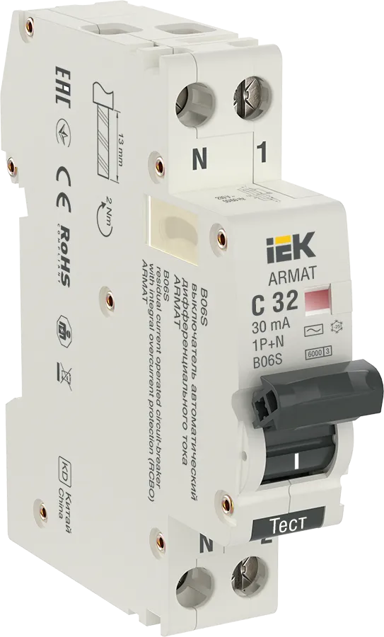 ARMAT Автоматический выключатель дифференциального тока B06S 1P+NP C32 30мА тип AC (18мм) IEK