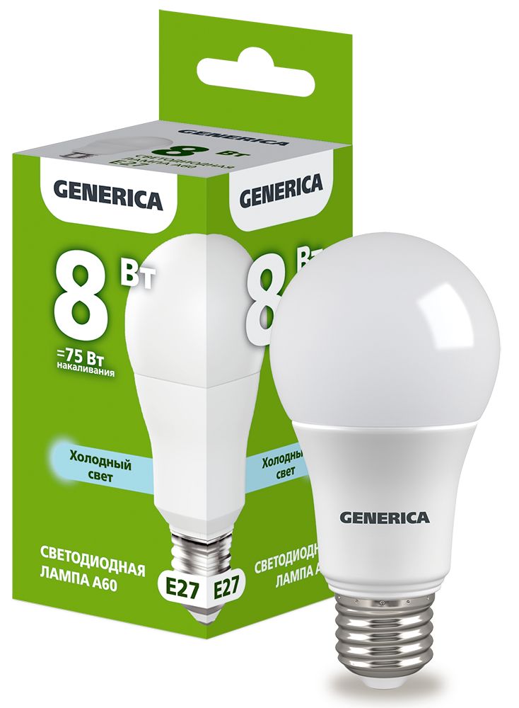 Лампа светодиодная A60 груша 8Вт 230В 6500К E27 GENERICA (LL-A60-08-230-65-E27-G)