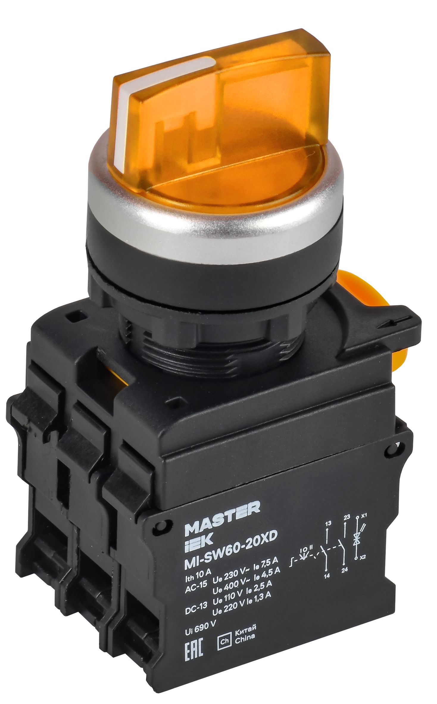 Переключатель с подсветкой на 3 положения 2NO жёлтый MASTER IEK (MI-SW60-20XD-4-14-3-K05)