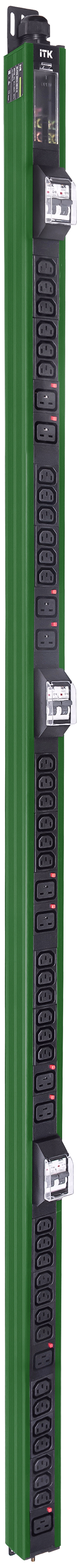 ITK BASE PDU вертикальный PV1113 45U 3 фазы 32А 38 розеток C13 + 10 розеток C19 с клеммной колодкой и кабелем 6м вилка IEC60309 (промышленная) зелёный