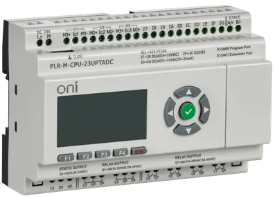 Микро ПЛК ONI. Расширяемая версия. Со встроенным экраном. 10 дискретных входов (4 как U/I, 2 как 0-10В, 4 до 60кГц), 2 транзисторных выхода до 10кГц, 8 релейных выходов. RTC. SD карта. RS485. Ethernet. Напряжение питания 24В DC
