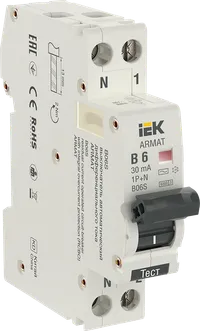 ARMAT Автоматический выключатель дифференциального тока B06S 1P+NP B6 30мА тип AC (18мм) IEK