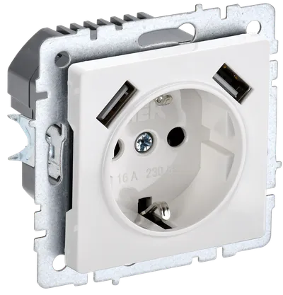 BRITE Socket outlet 1-gang with earthing with protective shutters 16A with USB A+A 5V 3.1A RUSH10-2-BrB white IEK