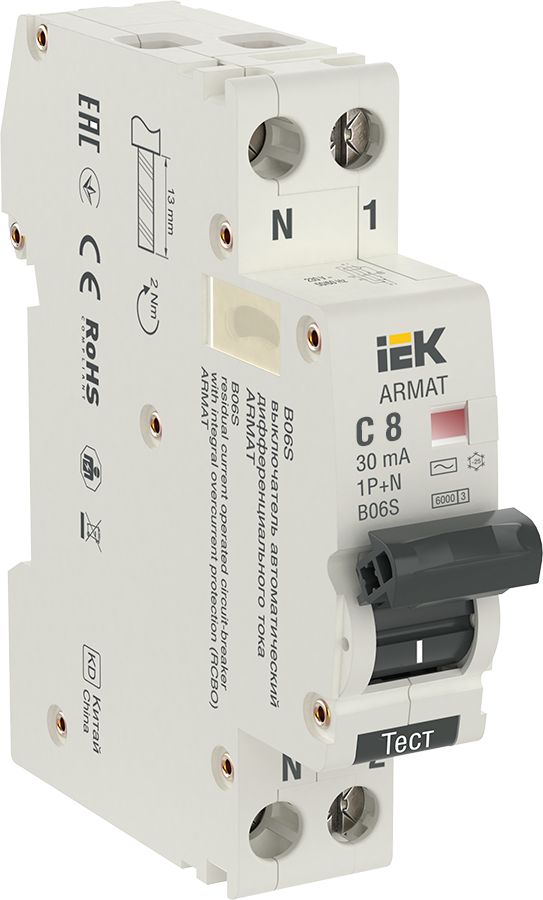 ARMAT Автоматический выключатель дифференциального тока B06S 1P+NP C8 30мА тип AC (18мм) IEK (AR-B06S-1N-C08C030)