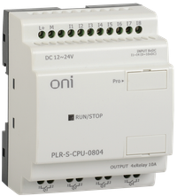 Логическое реле PLR-S. Модуль ЦПУ серии ONI c 8 каналами дискретного ввода (4 из которых могут использоваться как аналоговый ввод 0..10 В DC) и 4 каналами релейного вывода (до 10А). Встроенные RTC. До 64 программных блоков. Напряжение питания 12-24 В DC. Не расширяемое.