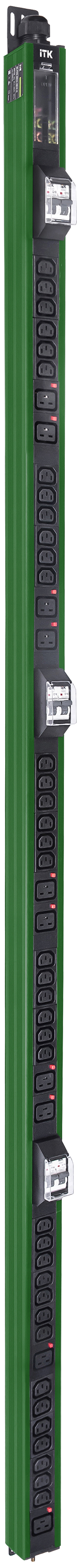 ITK BASE PDU вертикальный PV1113 45U 3 фазы 32А 38 розеток C13 + 10 розеток C19 с клеммной колодкой и кабелем 6м вилка IEC60309 (промышленная) зелёный
