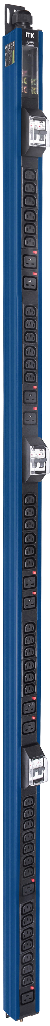 ITK BASE PDU вертикальный PV1113 45U 3 фазы 32А 38 розеток C13 + 10 розеток C19 с клеммной колодкой и кабелем 6м вилка IEC60309 (промышленная) синий